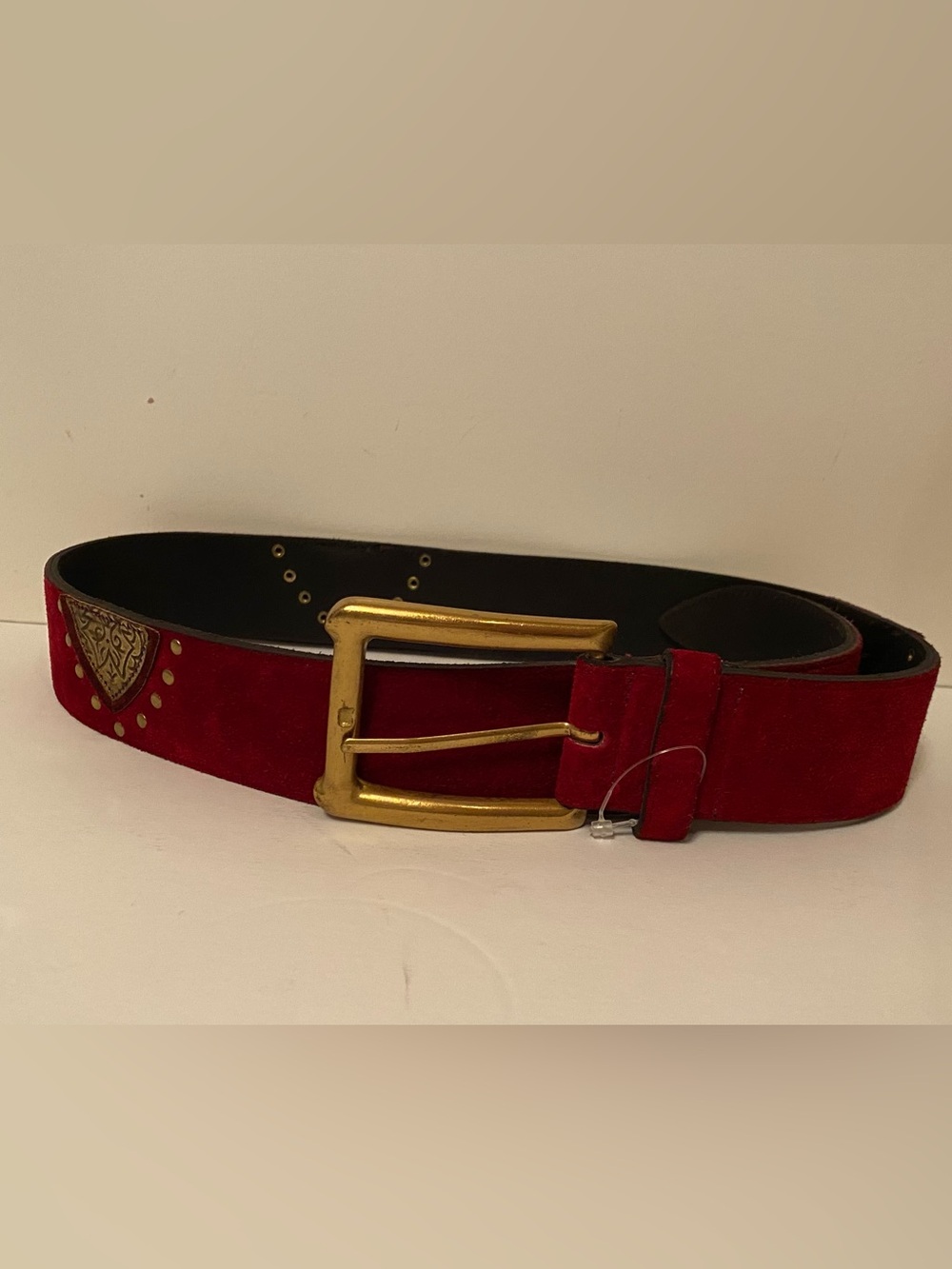 LINEA PELLE BELT RED SUEDE LEATHER STUDDED GOLD ACCENT ITALY SIZE M